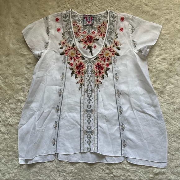 Johnny Was JWLA Top Christine Drape Shirt 100% Linen Floral Embroidered White M - Picture 2 of 12